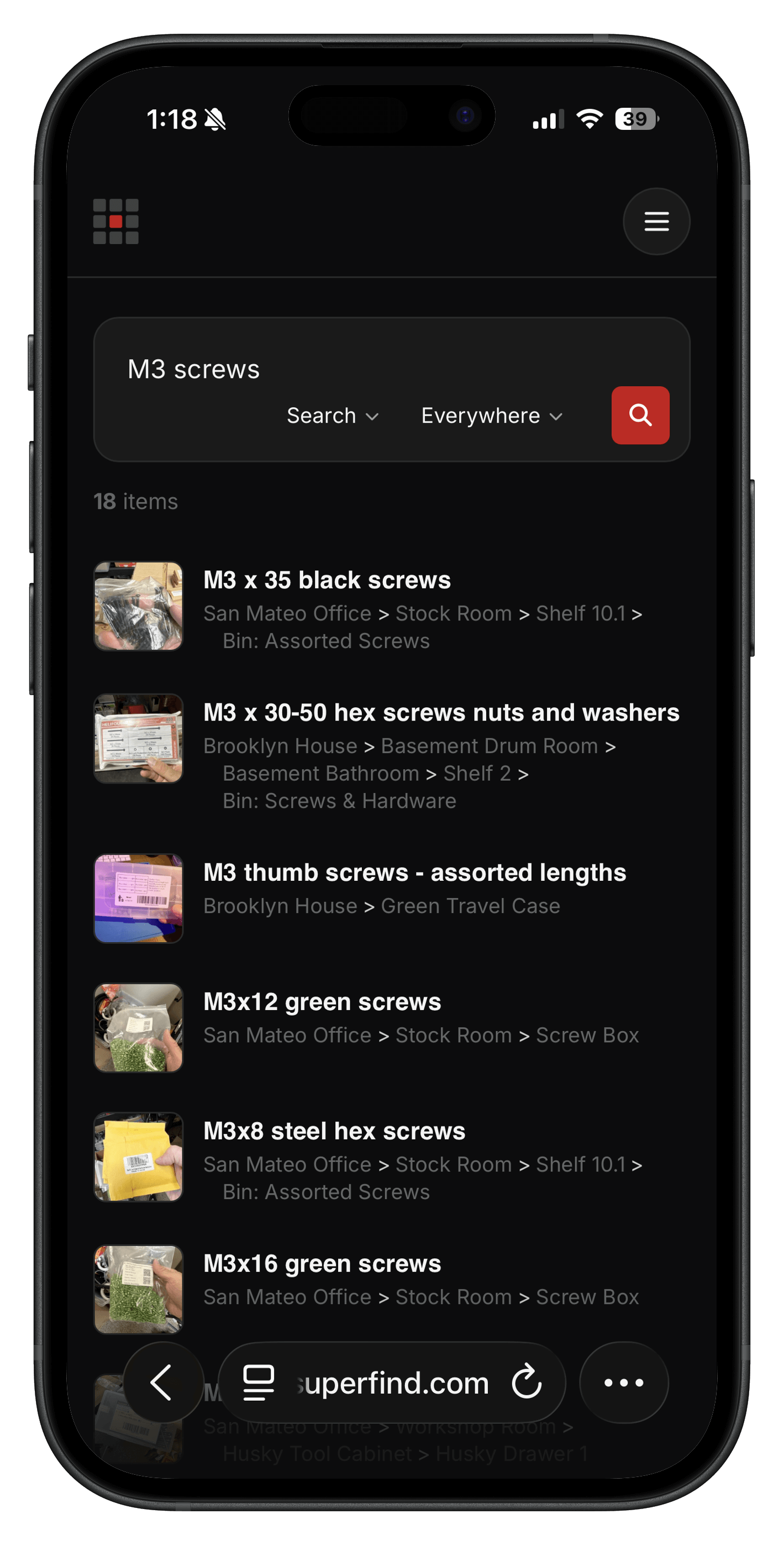 Superfind app showing search results